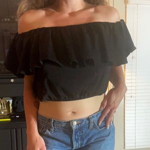 Black Silk Off the Shoulder Ruffled Crop Top